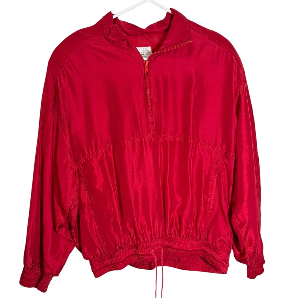 Queens M Red Silk Quarter Zip Windbreaker Jacket Sporty Retro Streetwear 90's